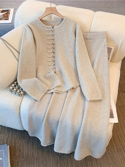 Ensemble Deux Pièces avec Cardigan à Manches Longues et Jupe Mi-Longue Taille Élastique pour Femme | Idéal pour Automne et Hiver