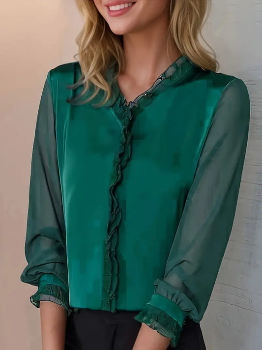Blouse À Manches Longues Avec Détails À Volants Pour Femme | Idéale Pour Usage Quotidien Et Événements