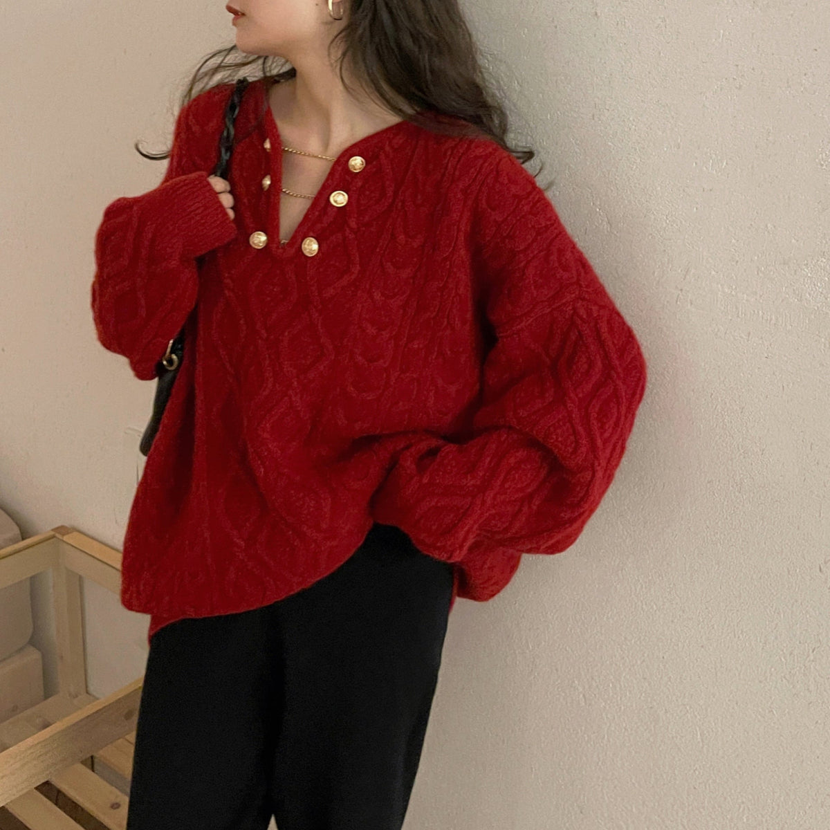 Pull À Manches Longues Avec Maille Torsadée Et Col Boutonné Pour Femmes | Idéal Pour Tenues Quotidiennes