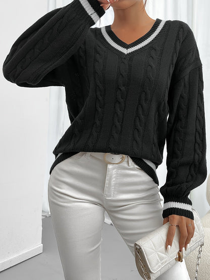 Pull à Manches Longues avec Motif Torsadé et Col V pour Femmes | Idéal pour l’Hiver et l’Automne