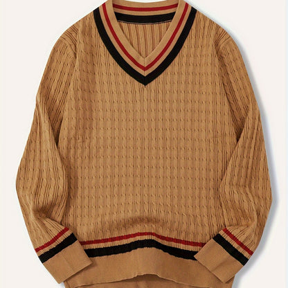 Pull-Over Homme à Col V Rayé et Maille Structurée | Idéal pour la Mi-Saison