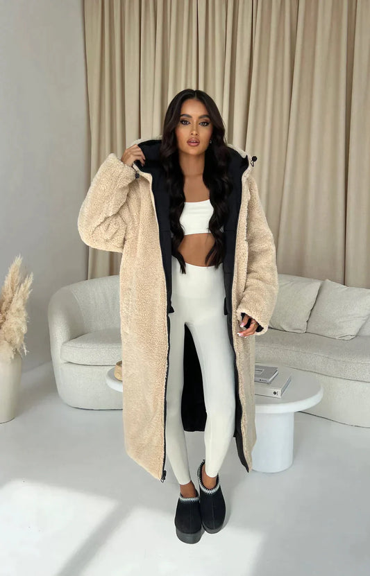 Manteau Long Réversible avec Motif et Couleur Unie pour Femme | Idéal pour l’Hiver