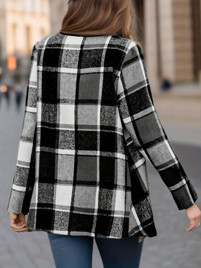 Manteau Long à Motif Carreaux avec Coupe Ouverte pour Femme | Idéal pour la Mi-Saison