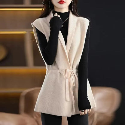Gilet sans manches à col V en maille côtelée avec ceinture à nouer pour femme | Idéal pour l’automne