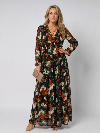 Robe longue imprimée à volants pour femmes