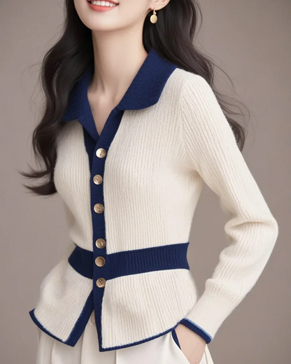 Cardigan à col polo bicolore pour femme avec fermeture boutonnée | Idéal pour l'automne