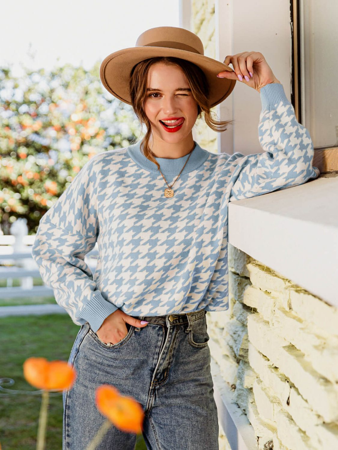 Pull Motif Pied-de-Poule Avec Manches Longues Pour Femmes | Idéal Pour Le Quotidien