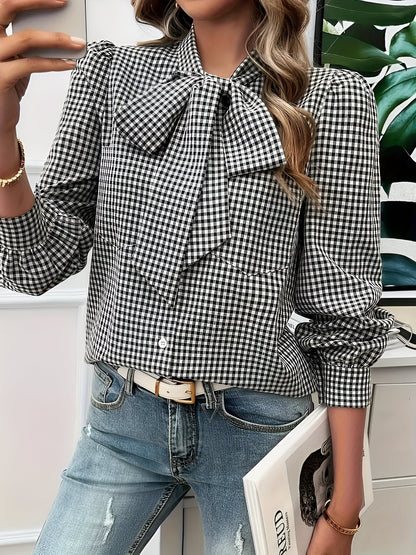 Blouse à Carreaux avec Détail Nœud pour Femme | Idéale pour Usage Quotidien et Bureau