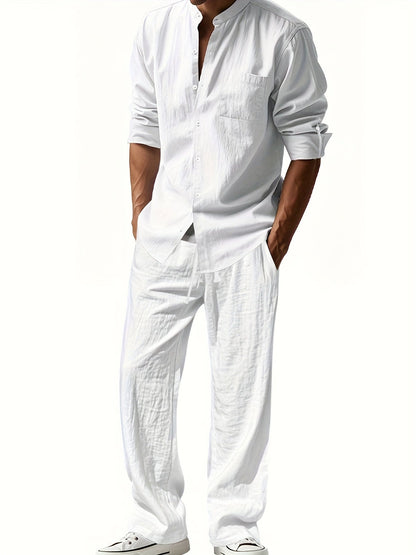Ensemble Deux Pièces avec Col Mao et Taille Élastique pour Homme | Idéal pour la Saison Chaude