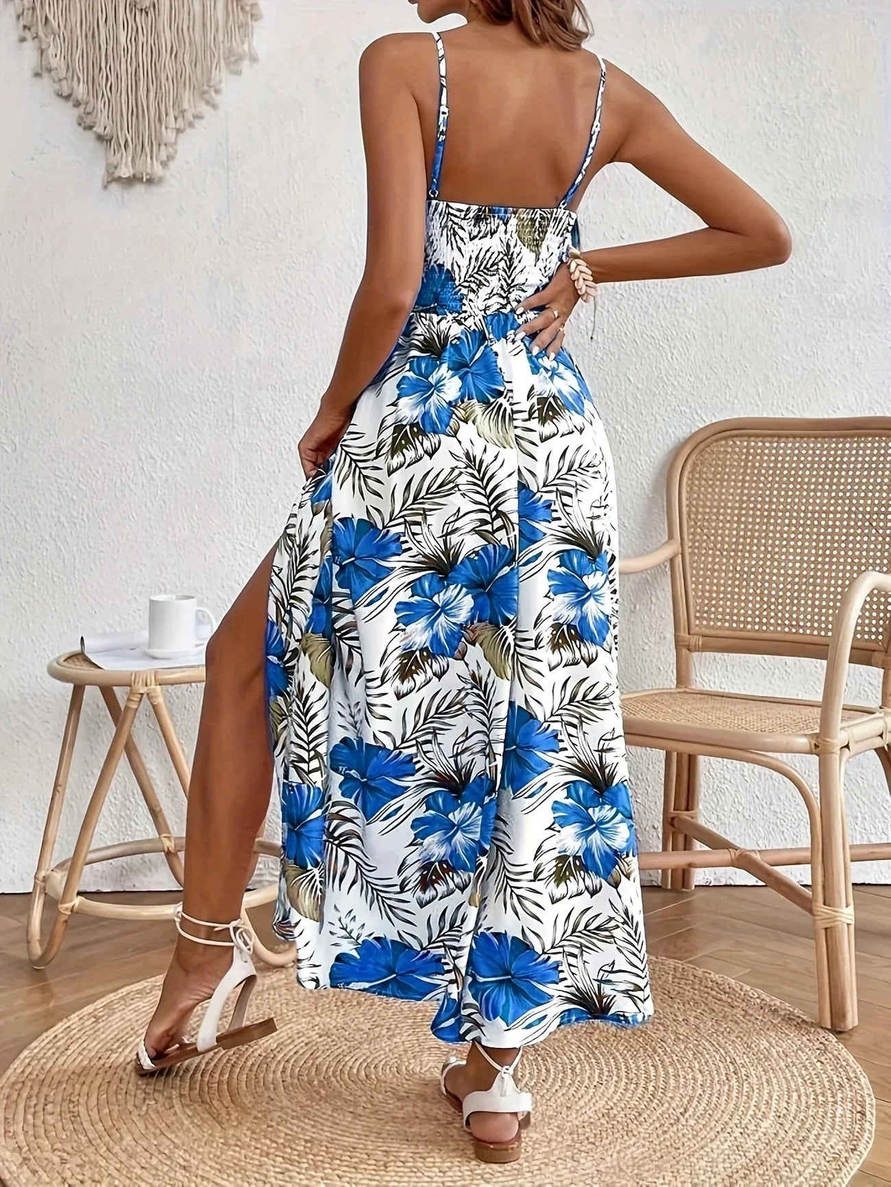 Robe Longue À Fines Bretelles Avec Imprimé Floral Et Fente Latérale Pour Femmes | Idéal Pour Été Et Vacances