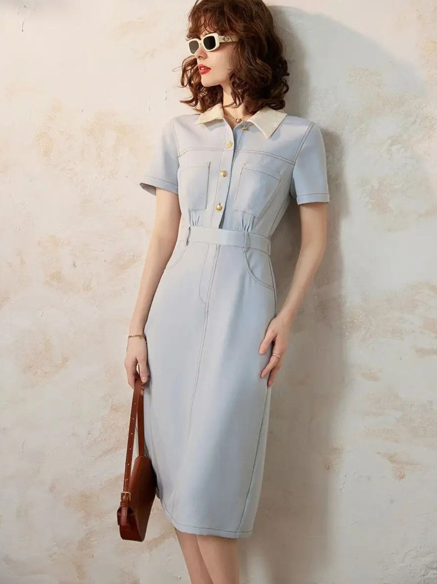 Robe Chemise Midi Avec Taille Marquée Et Manches Courtes Pour Femmes | Idéal Pour Usage Quotidien Et Bureau