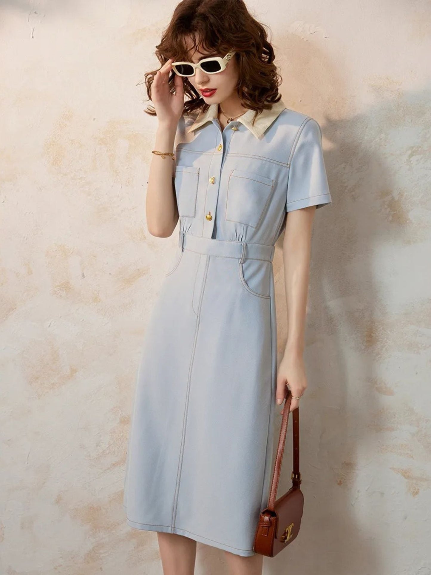 Robe Chemise Midi Avec Taille Marquée Et Manches Courtes Pour Femmes | Idéal Pour Usage Quotidien Et Bureau