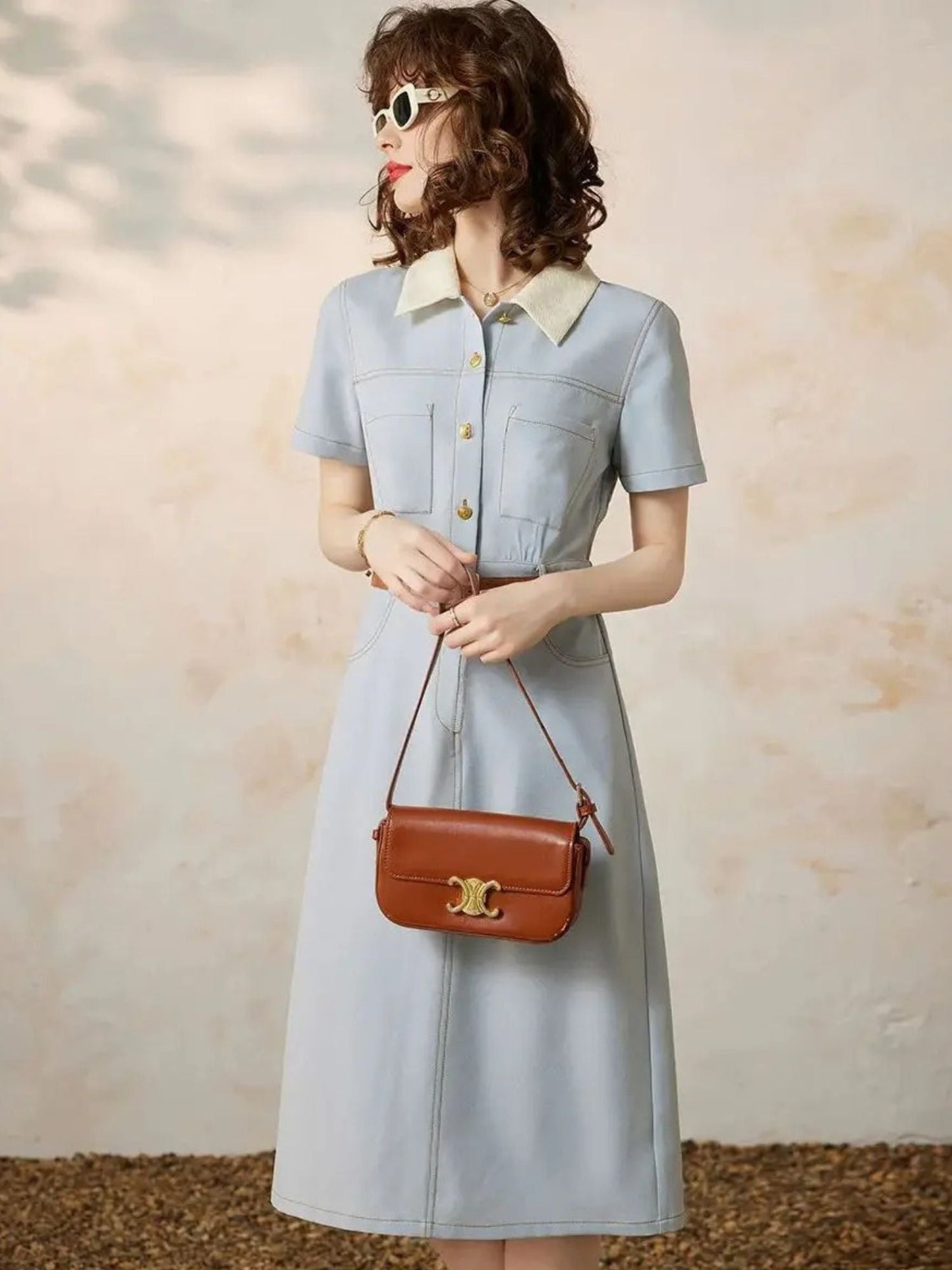 Robe Chemise Midi Avec Taille Marquée Et Manches Courtes Pour Femmes | Idéal Pour Usage Quotidien Et Bureau