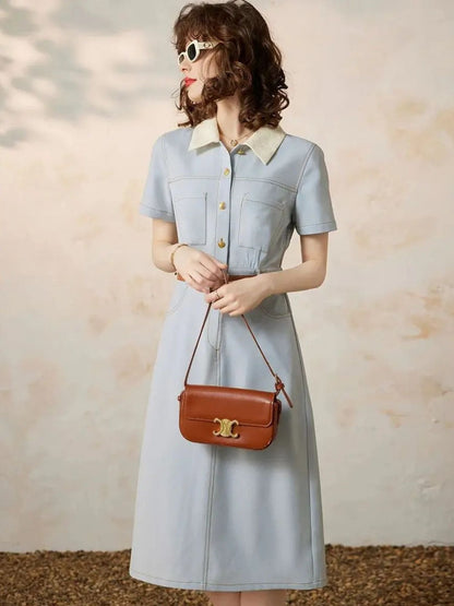 Robe Chemise Midi Avec Taille Marquée Et Manches Courtes Pour Femmes | Idéal Pour Usage Quotidien Et Bureau