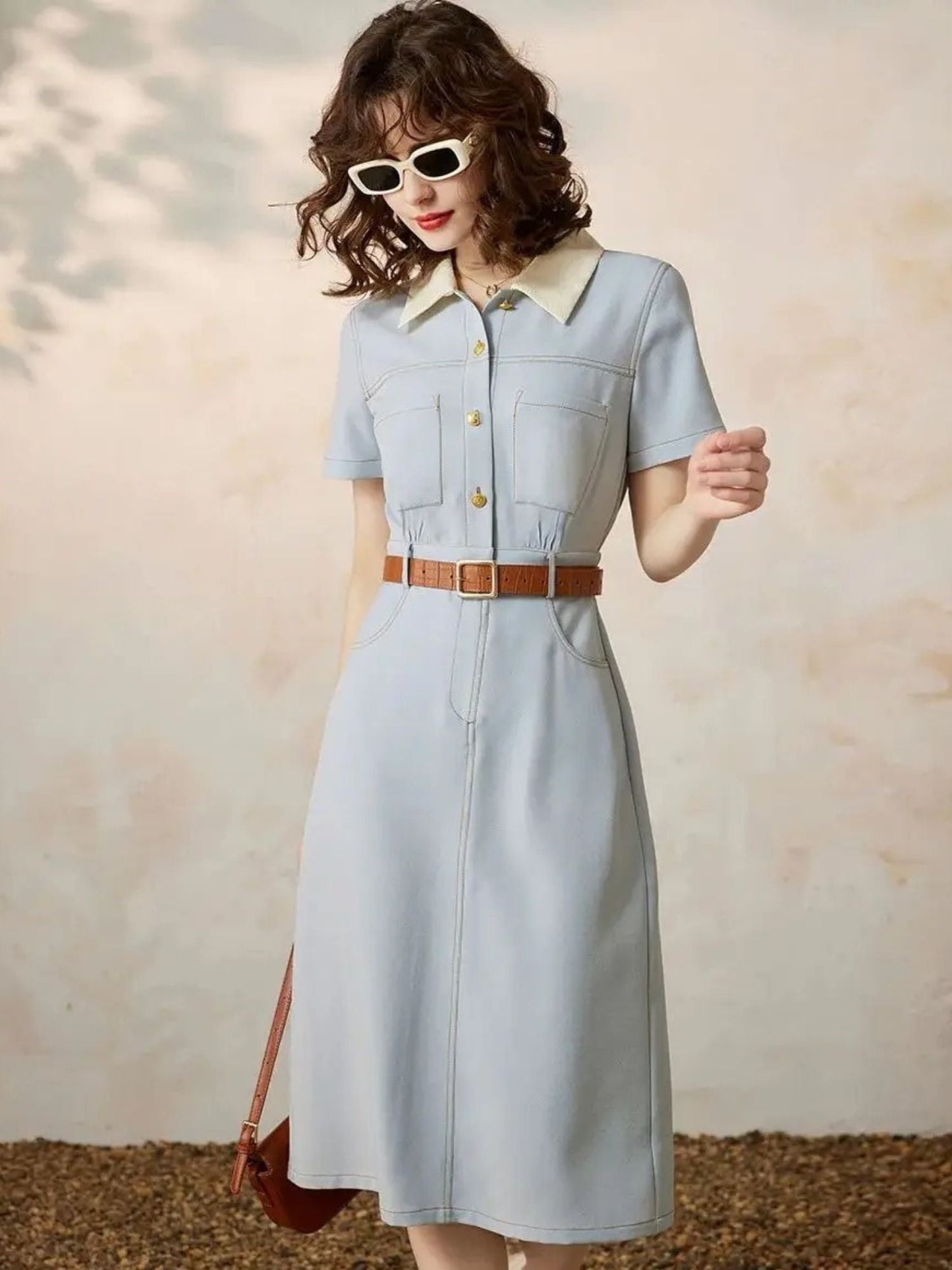 Robe Chemise Midi Avec Taille Marquée Et Manches Courtes Pour Femmes | Idéal Pour Usage Quotidien Et Bureau