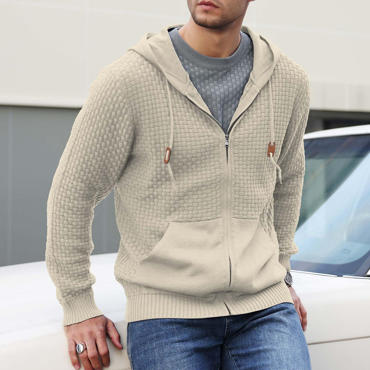 Veste à capuche zippée texturée pour hommes