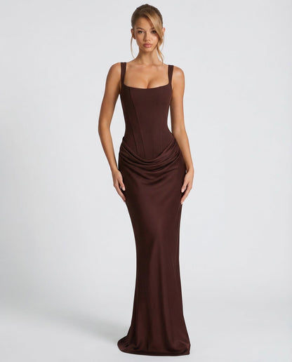 Robe maxi à encolure carrée et drapé latéral pour femme | Idéal pour une soirée