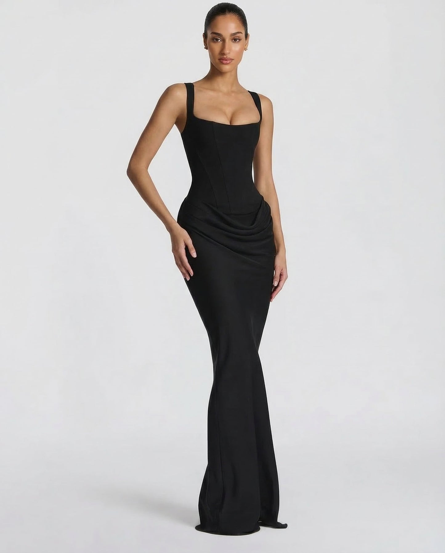 Robe maxi à encolure carrée et drapé latéral pour femme | Idéal pour une soirée