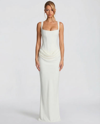 Robe maxi à encolure carrée et drapé latéral pour femme | Idéal pour une soirée