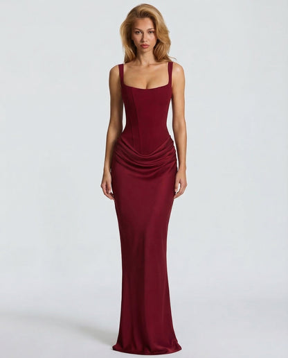 Robe maxi à encolure carrée et drapé latéral pour femme | Idéal pour une soirée
