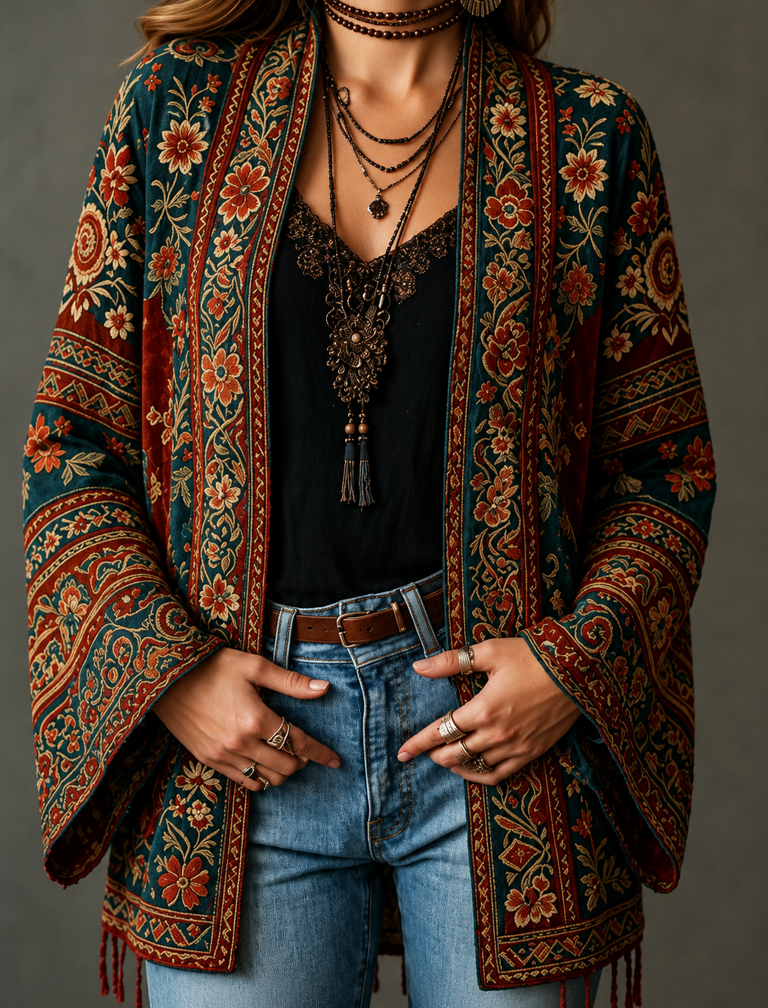Gilet long à motifs ethniques pour femmes