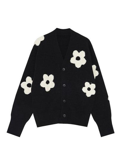 Cardigan Noir à Motif Floral avec Coupe Oversize et Boutons pour Femmes | Idéal pour Saisons Fraîches
