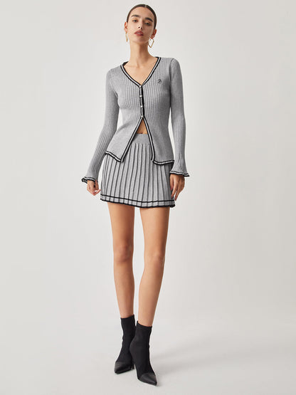 Ensemble Twin-Set Avec Cardigan Côtelé Et Jupe Plissée Pour Femmes | Idéal Pour Bureau Et Sorties