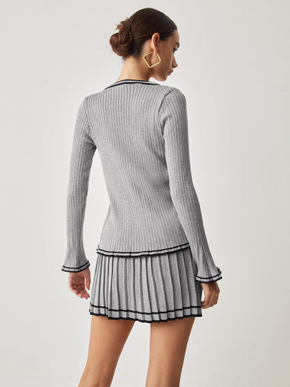 Ensemble Twin-Set Avec Cardigan Côtelé Et Jupe Plissée Pour Femmes | Idéal Pour Bureau Et Sorties