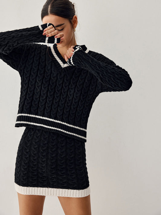 Ensemble Deux Pièces en Maille Torsadée avec Pull Col V pour Femme | Idéal pour les Sorties Décontractées