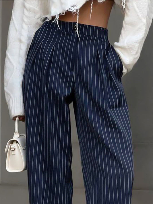 Pantalon à Rayures Fines avec Coupe Droite et Taille Structurée pour Femme | Idéal pour Bureau et Quotidien