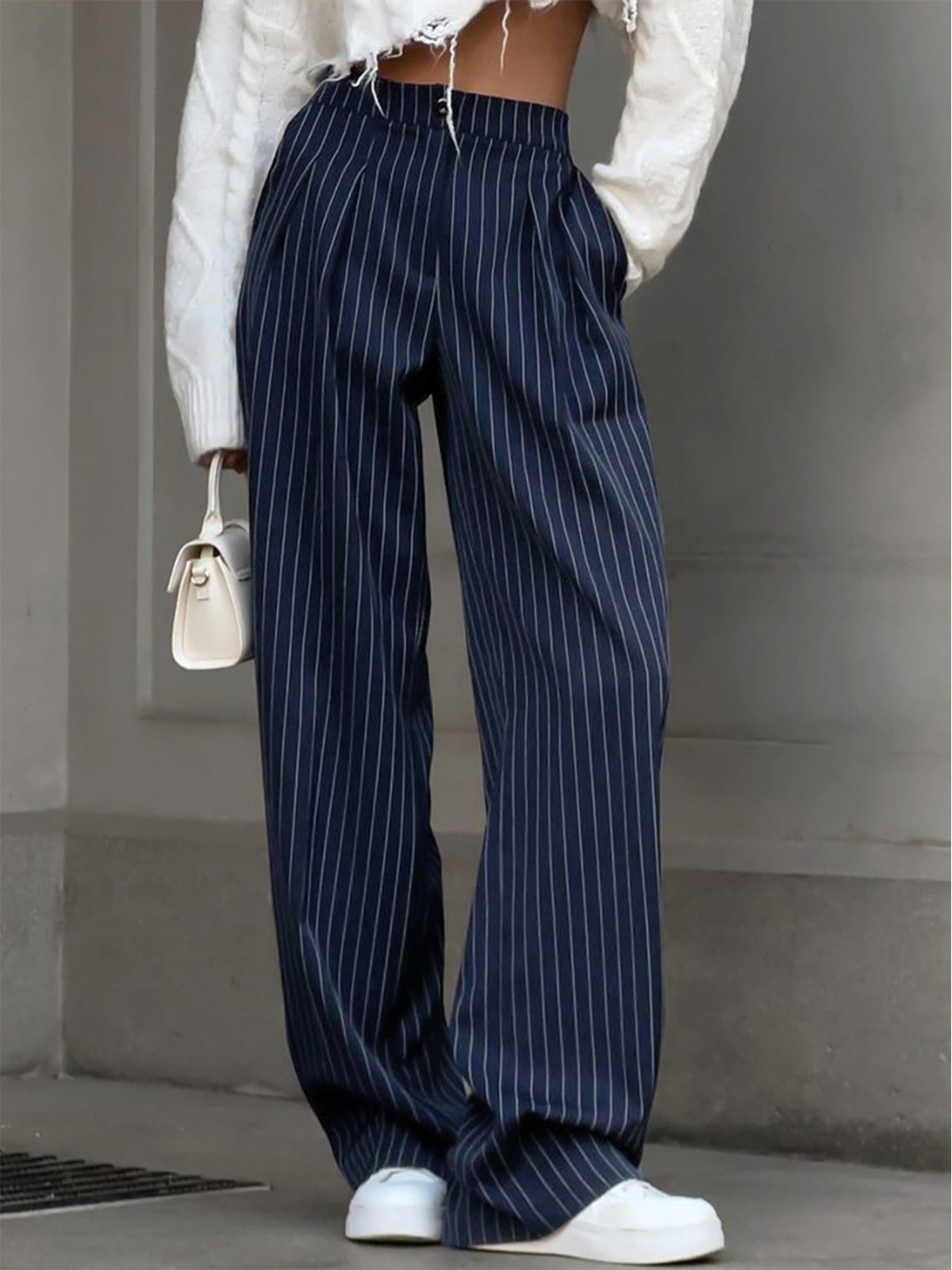 Pantalon à Rayures Fines avec Coupe Droite et Taille Structurée pour Femme | Idéal pour Bureau et Quotidien