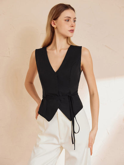 Top Sans Manches Avec Lien À La Taille Et Col En V Pour Femmes | Idéal Pour Les Tenues Décontractées Et Habillées