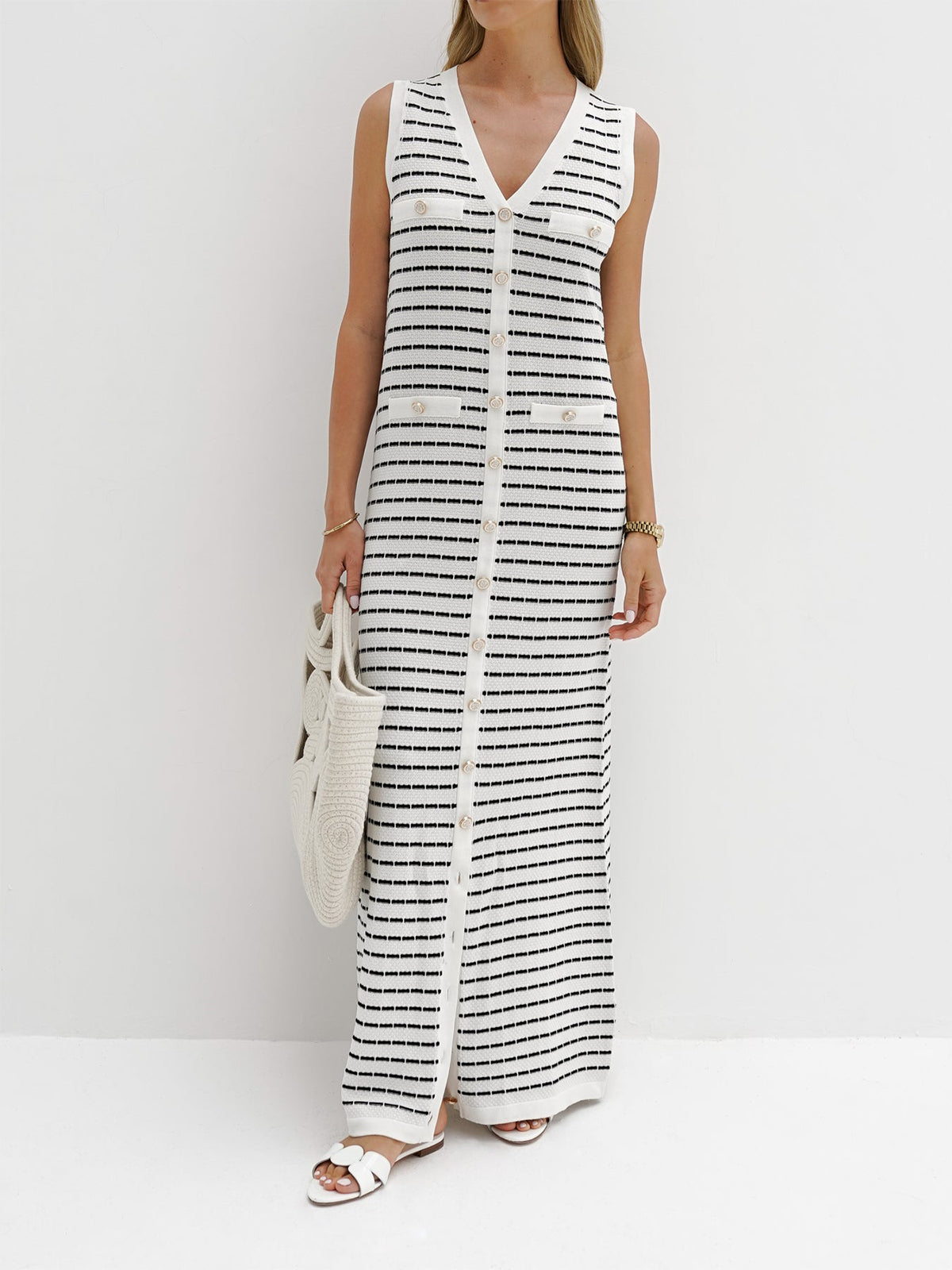 Robe Longue Sans Manches Avec Rayures Et Fermeture Boutonnée Pour Femmes | Idéal Pour Été Et Usage Quotidien