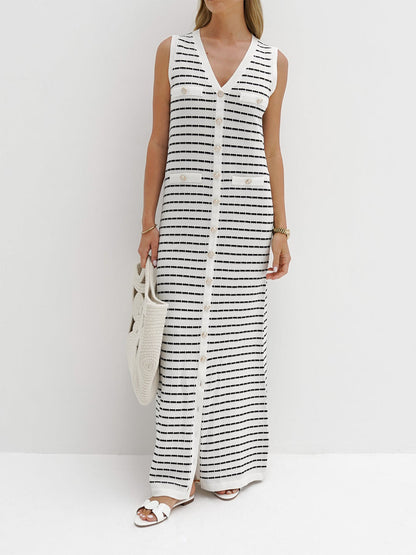 Robe Longue Sans Manches Avec Rayures Et Fermeture Boutonnée Pour Femmes | Idéal Pour Été Et Usage Quotidien