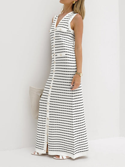 Robe Longue Sans Manches Avec Rayures Et Fermeture Boutonnée Pour Femmes | Idéal Pour Été Et Usage Quotidien