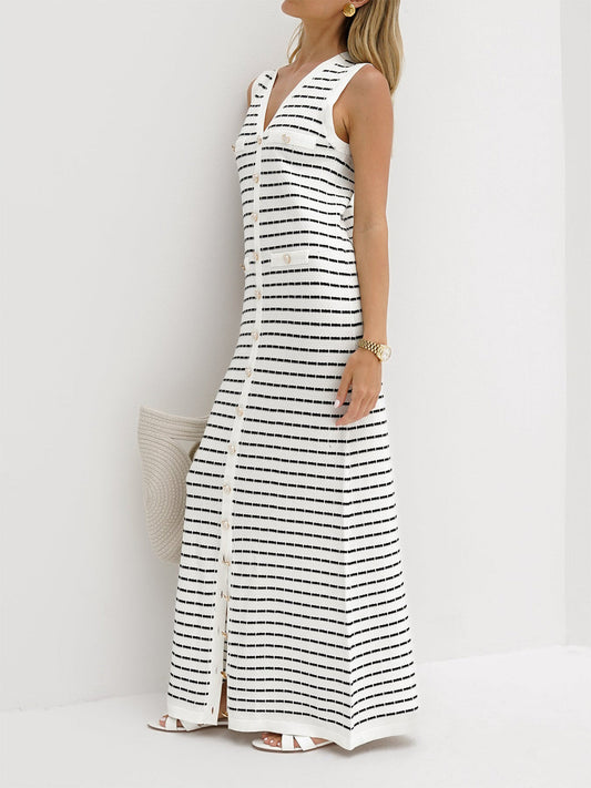 Robe Longue Sans Manches Avec Rayures Et Fermeture Boutonnée Pour Femmes | Idéal Pour Été Et Usage Quotidien