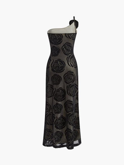 Robe Longue Asymétrique Avec Fleurs Appliquées Pour Femme | Idéale Pour Les Soirées Et Événements