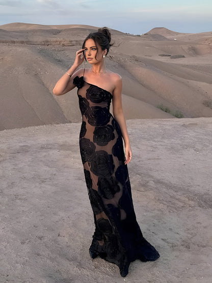 Robe Longue Asymétrique Avec Fleurs Appliquées Pour Femme | Idéale Pour Les Soirées Et Événements