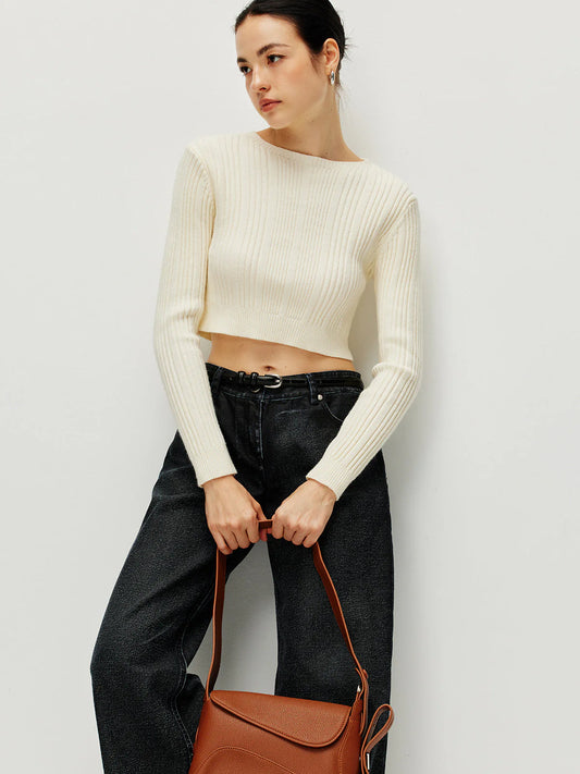 Pull Court en Maille | Crème | Coupe Croppée et Côtelée
