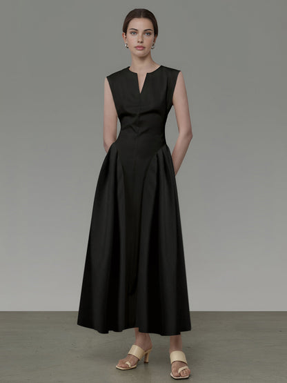 Robe Midi Noire Sans Manches Avec Taille Cintrée Et Jupe Évasée Pour Femmes | Adaptée Aux Tenues Formelles