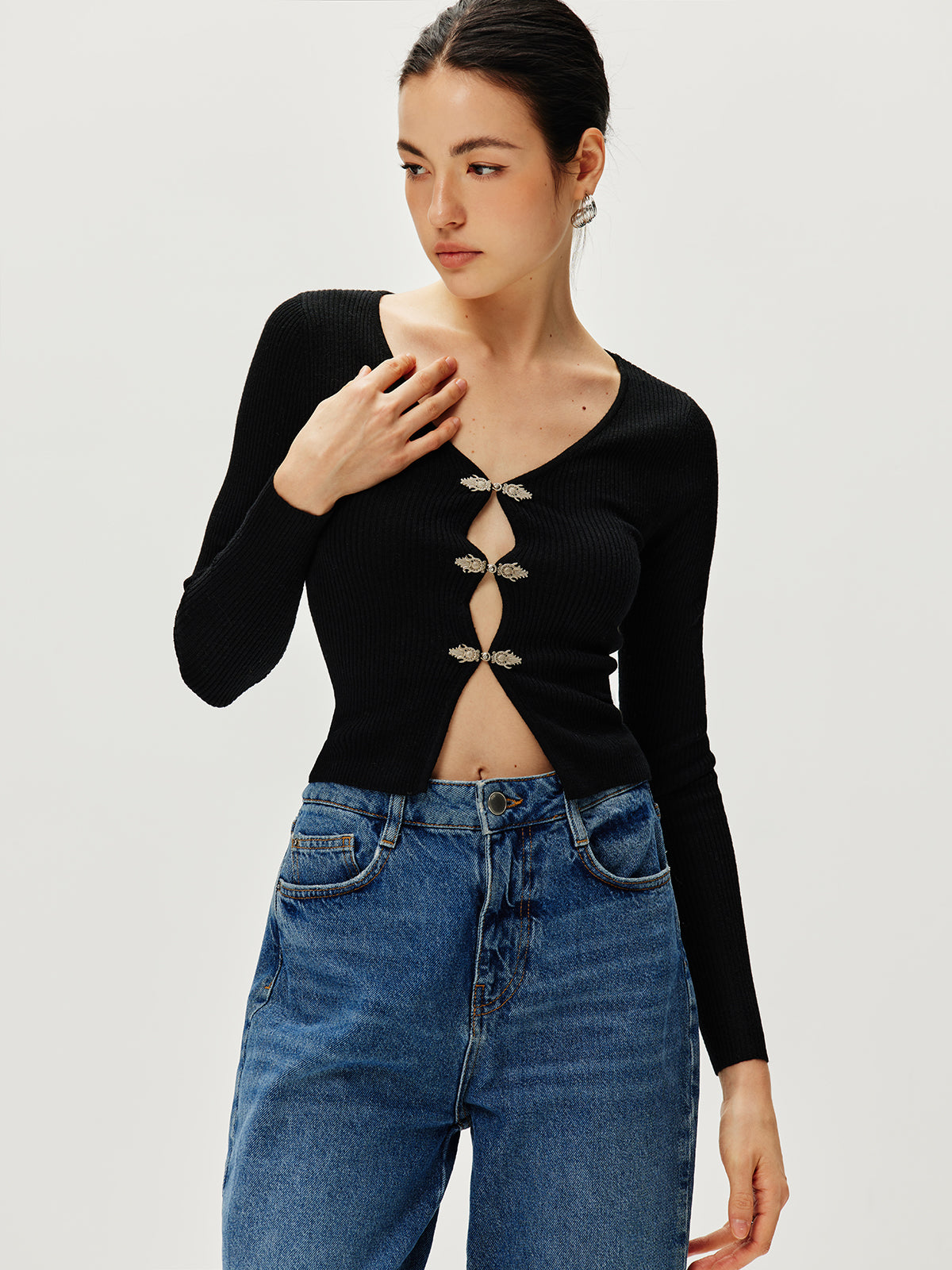 Top Ajusté Avec Fermoirs Décoratifs Et Manches Longues Pour Femme | Idéal Pour Sorties Et Tenues De Soirée
