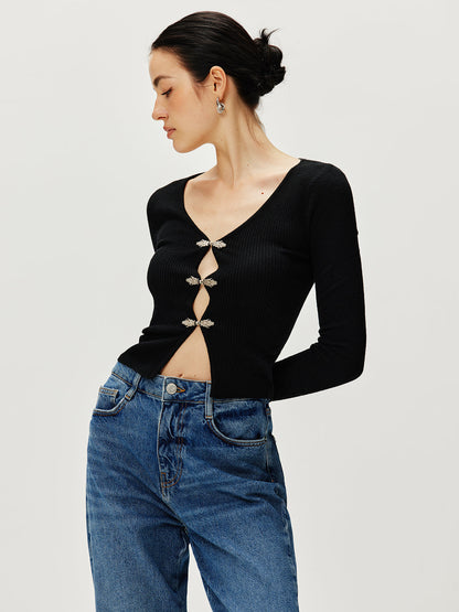 Top Ajusté Avec Fermoirs Décoratifs Et Manches Longues Pour Femme | Idéal Pour Sorties Et Tenues De Soirée