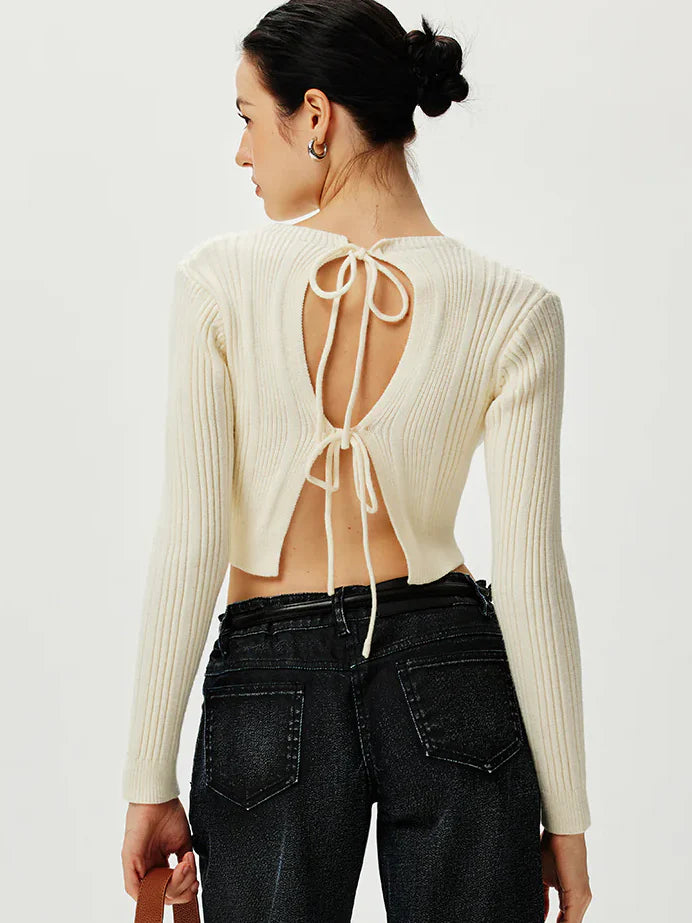 Pull Court en Maille | Crème | Coupe Croppée et Côtelée