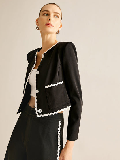 Blazer avec Finition Ondulée Contrastante Et Boutons pour Femme | Idéal pour Le Travail Et Le Temps Libre