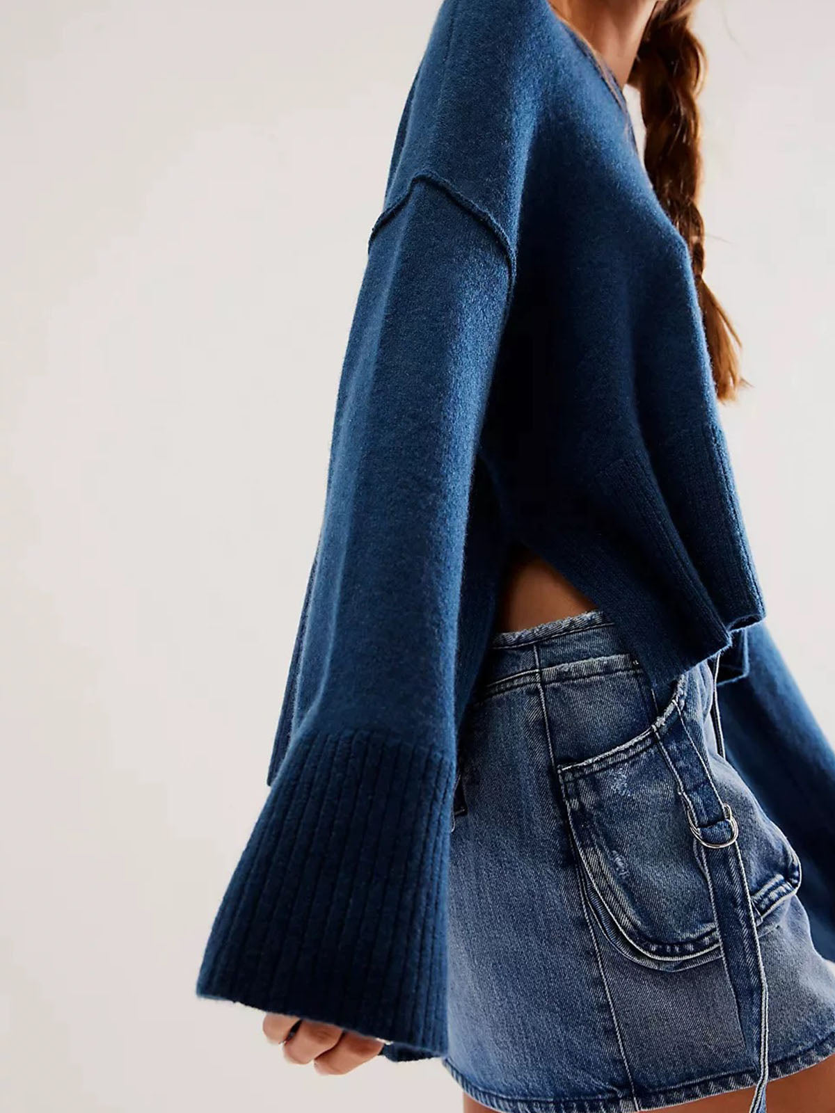 Pull À Manches Évasées Avec Col Rond Et Finitions Côtelées Pour Femmes | Idéal Pour Tenues Quotidiennes