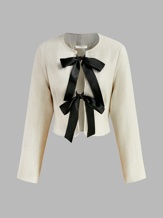 Blazer Blanc À Design Ouvert Avec Nœuds Contrastés Pour Femme | Idéal Pour Le Travail Et Les Occasions Formelles