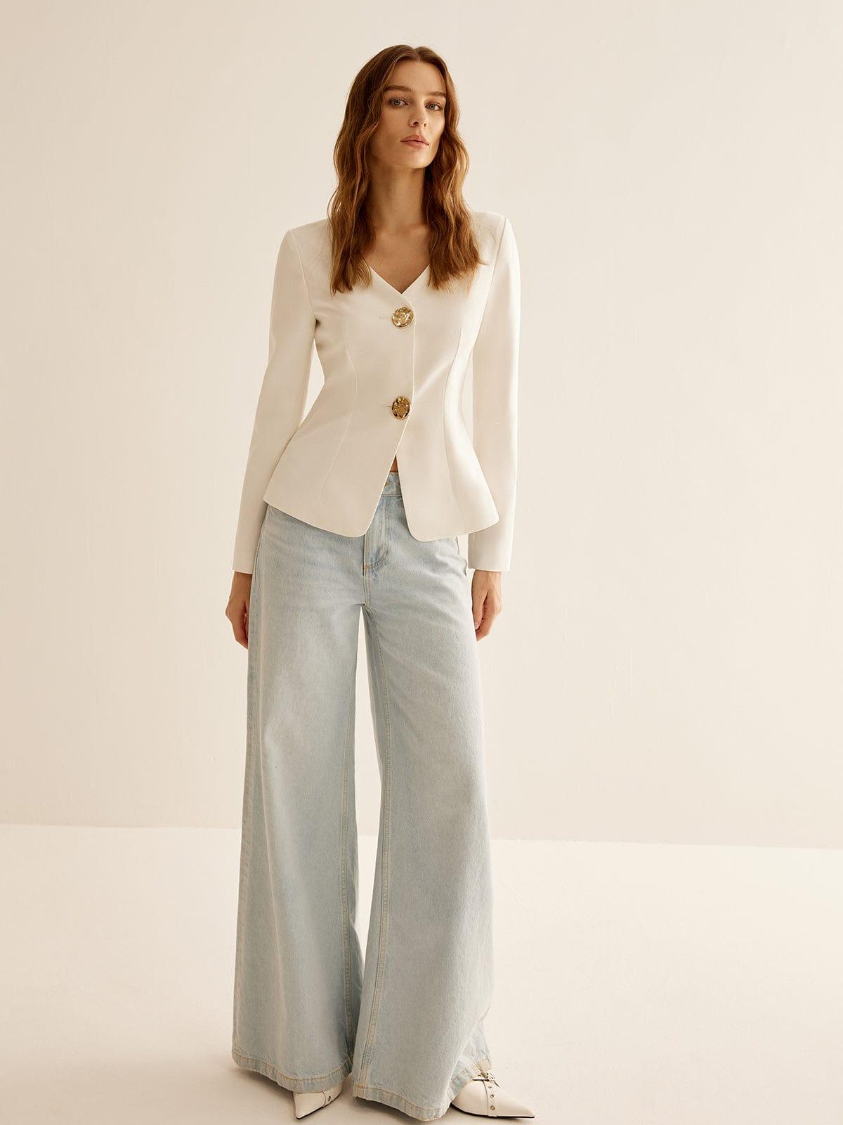 Blazer à Col V avec Boutons Décoratifs pour Femme | Idéal pour Le Travail Et Les Occasions Formelles