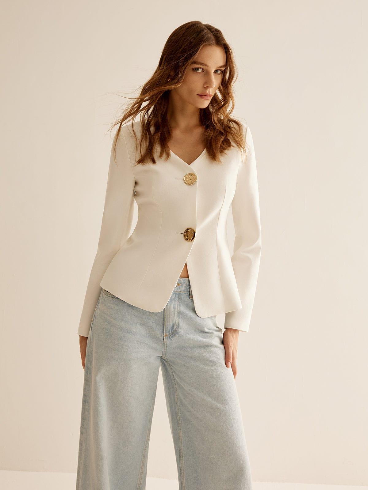 Blazer à Col V avec Boutons Décoratifs pour Femme | Idéal pour Le Travail Et Les Occasions Formelles