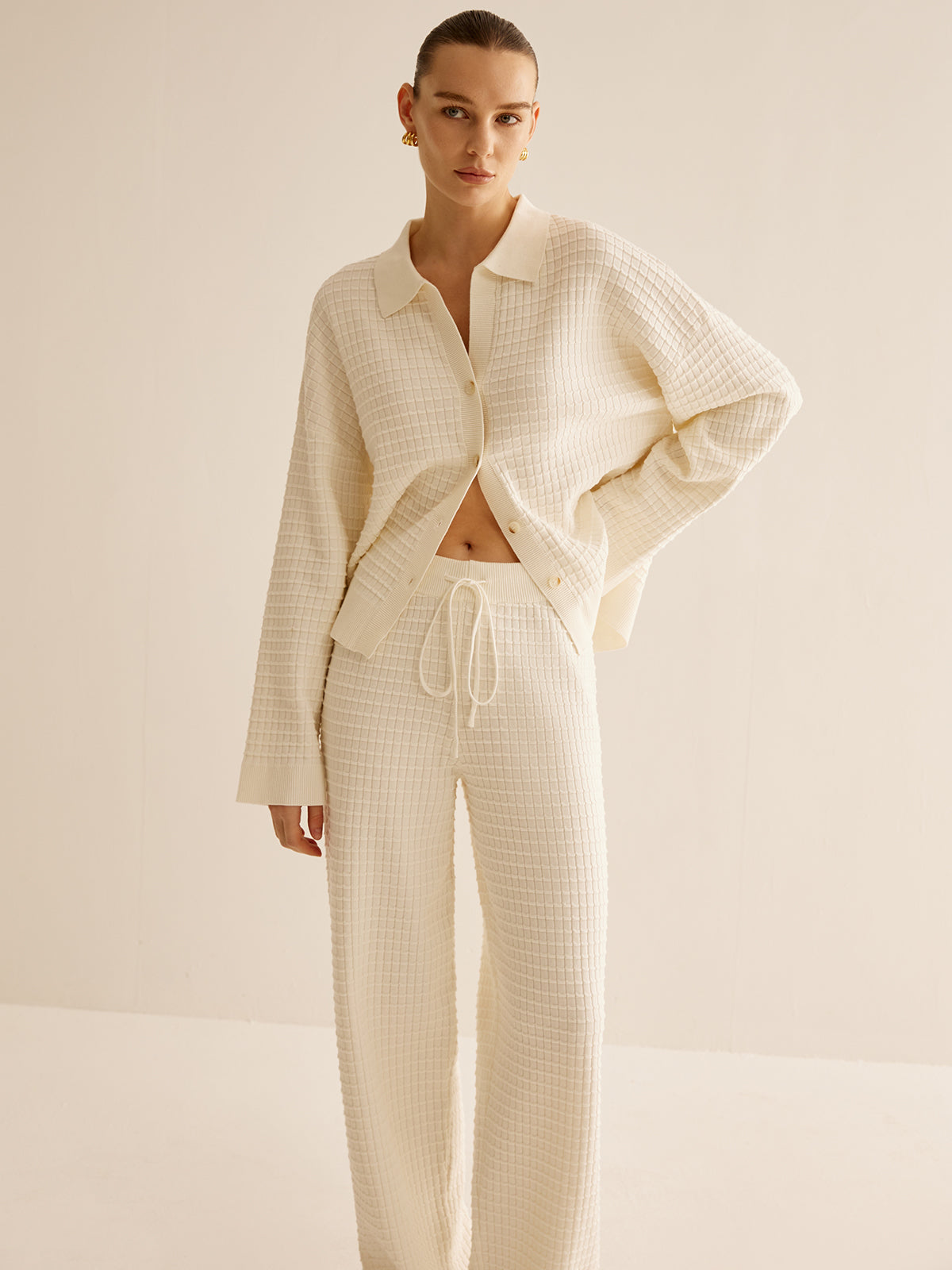 Ensemble Deux Pièces en Maille Gaufrée avec Chemise Boutonnée pour Femme | Idéal pour les Journées Décontractées