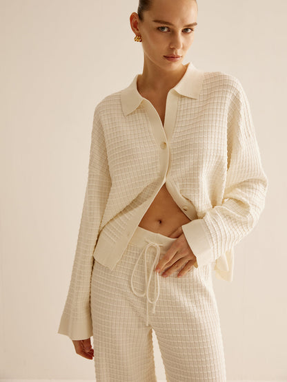 Ensemble Deux Pièces en Maille Gaufrée avec Chemise Boutonnée pour Femme | Idéal pour les Journées Décontractées